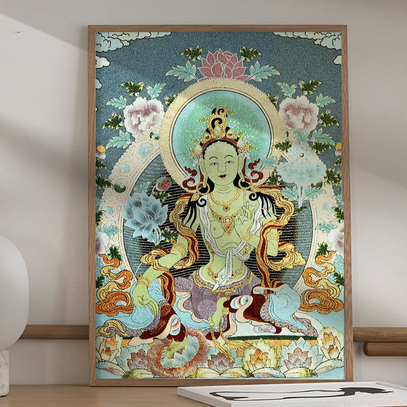 Tibetan Embroidery White Tara Thangka Tapestry – framed on wall with hat guitar, gold threads, spiritual decor