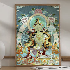 Tibetan Embroidery White Tara Thangka Tapestry – framed on wall with hat guitar, gold threads, spiritual decor