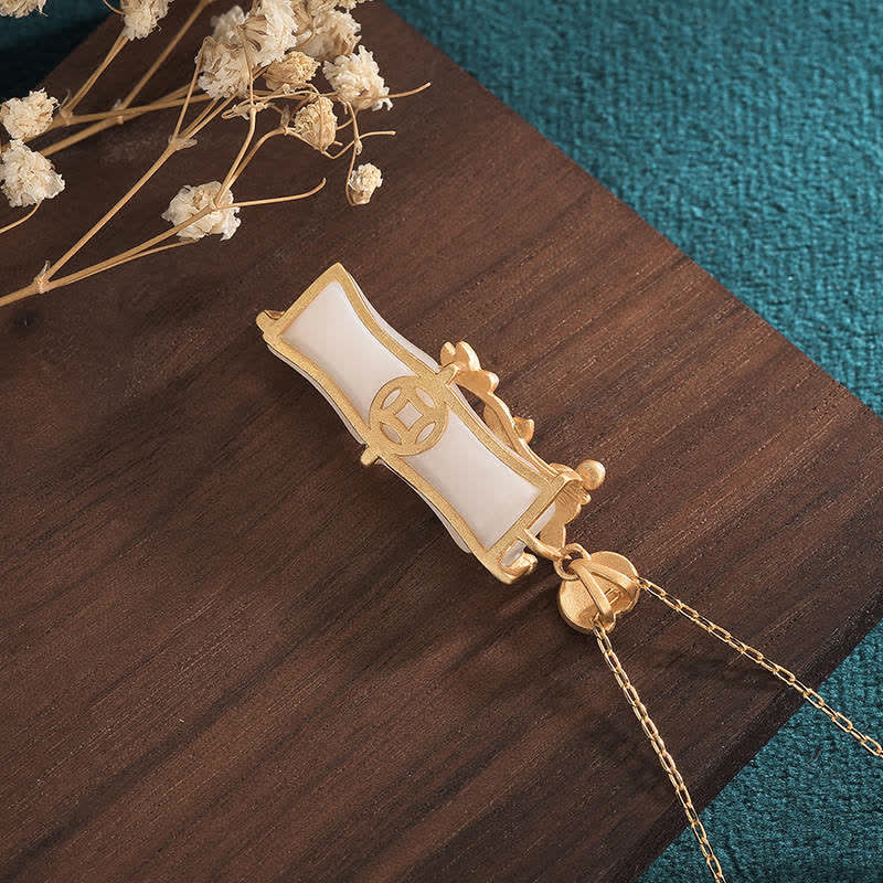 White Jade Bamboo Lotus Necklace – Jade scroll pendant with gold coin charm and plum blossoms on wood, Chinese jewelry