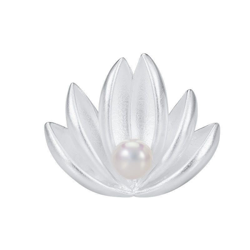 Silver Lotus Pearl Brooch – Lotus brooch with pearl on white background, Clean elegance