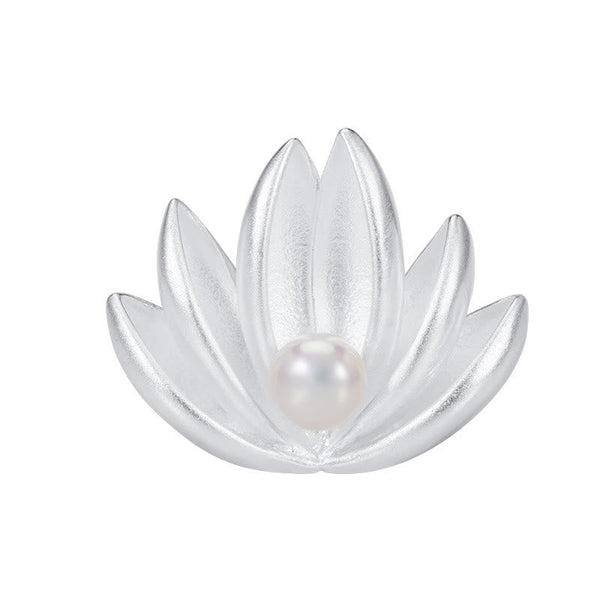 Silver Lotus Pearl Brooch – Lotus brooch with pearl on white background, Clean elegance