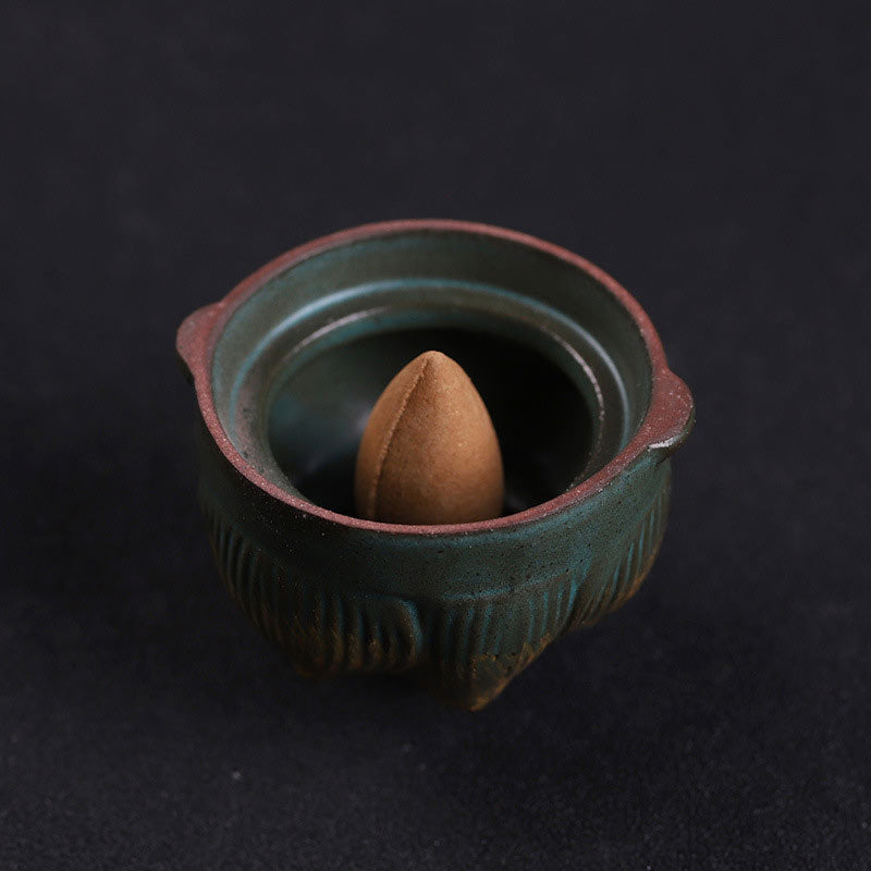 Lotus Hanging Incense Burner - Ceramic teal bowl with backflow incense cone, ribbed exterior, zen decor