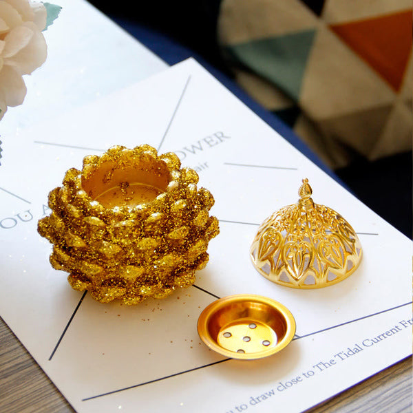 Gold Pine Cone Mini Incense Burner - Three parts spread: lotus base, dome lid, tray, pine cone decor