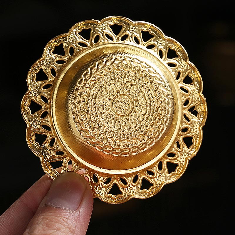 Mini Alloy Incense Burner – gold scalloped base plate with pierced lace edge, embossed floral medallion