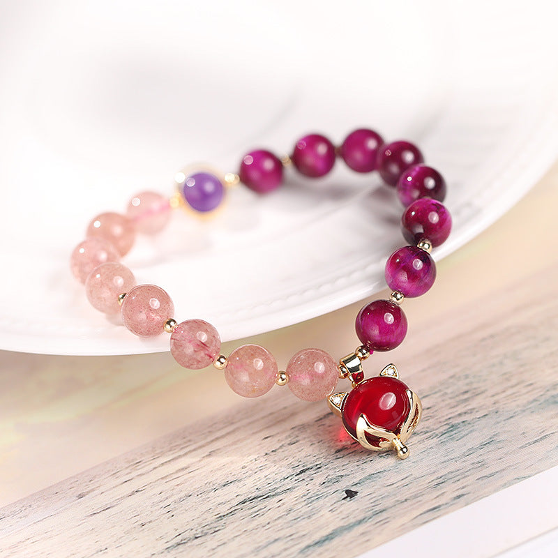 Natural Strawberry Quartz Love Bracelet – white shell wood surface red fox charm romance jewelry