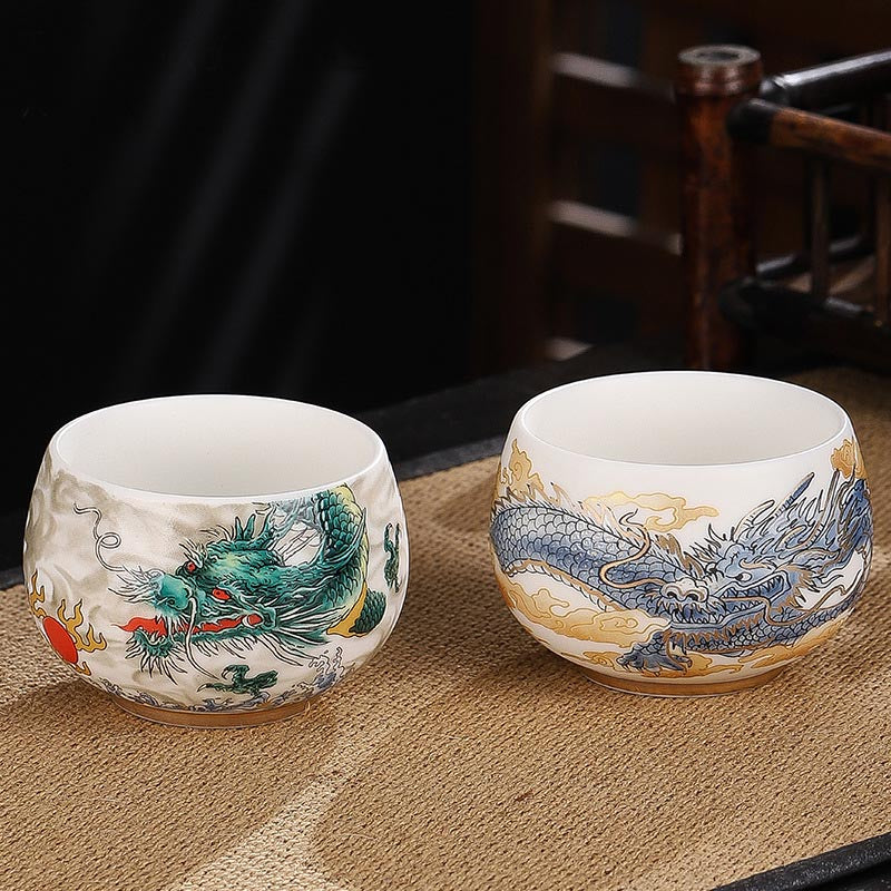 Dragon Cicada Ceramic Tea Bowl - green dragon with pearl and blue dragon with gold clouds on dual porcelain glazes