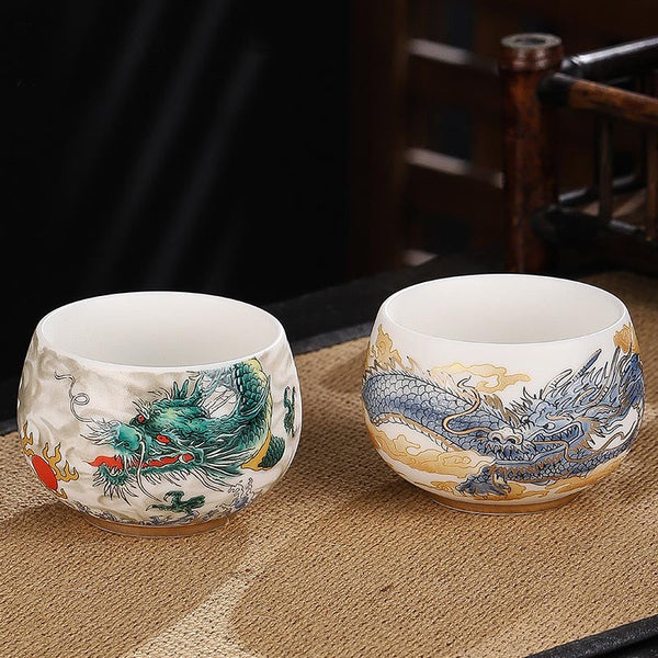 Dragon Cicada Ceramic Tea Bowl - green dragon with pearl and blue dragon with gold clouds on dual porcelain glazes