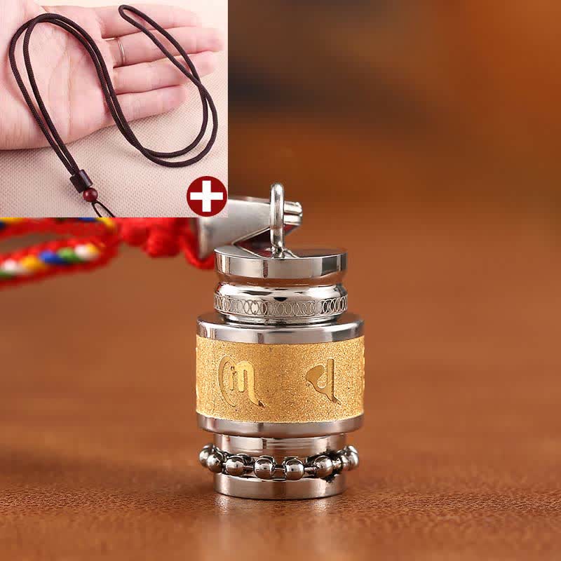 Om Mani Padme Hum Amulet – Pendant with red cord, hand model showing scale, Buddhist amulet