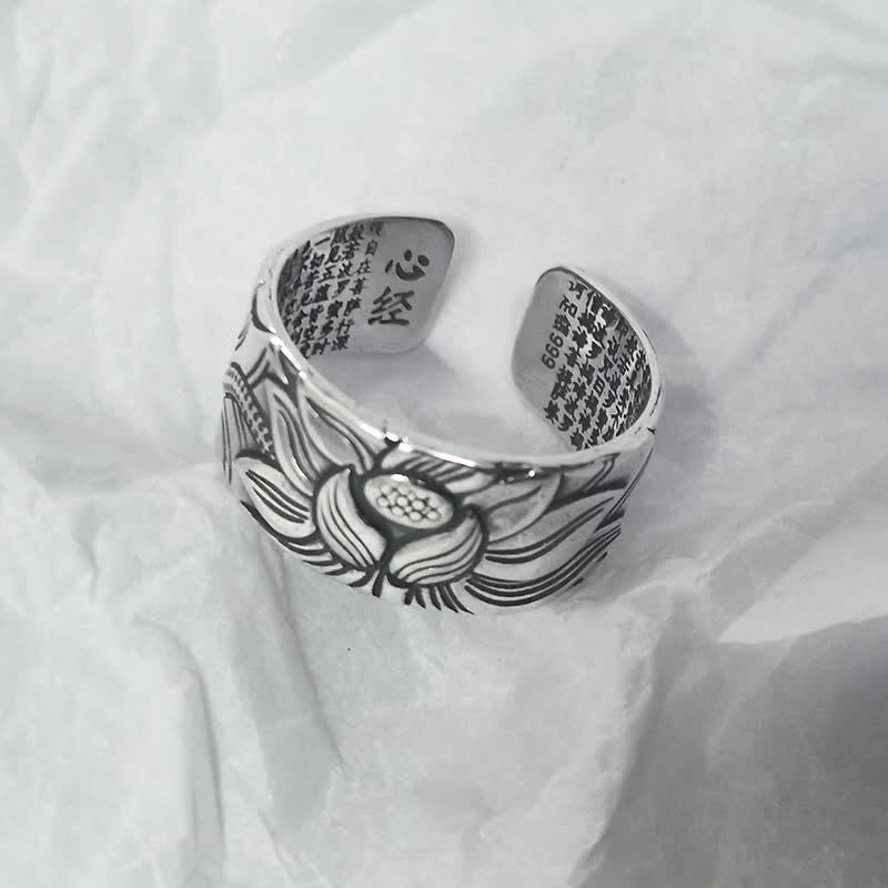 999 Silver Lotus Ring – interior sutra calligraphy and lotus exterior, open cuff