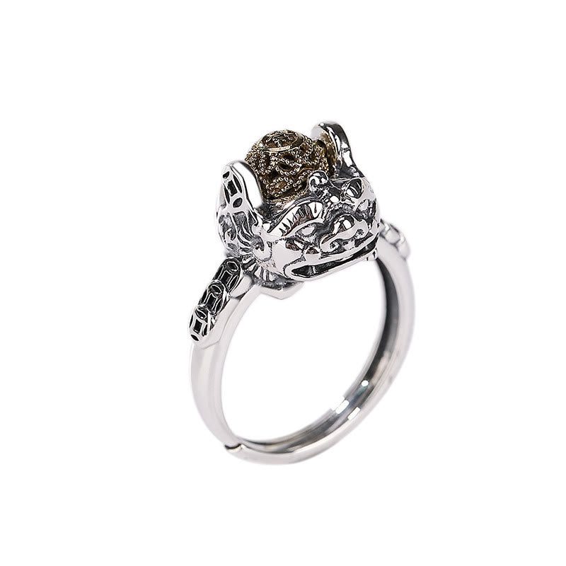 925 Silver PiXiu Wealth Ring – Silver ring with gold sphere in claw setting on white, feng shui coin ring