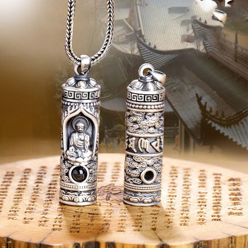 Chinese Zodiac Natal Buddha Projection Necklace – Dual pendant view with temple backdrop, projection aperture, sacred shrine