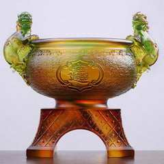 Liuli Crystal PiXiu Bowl – Front view of amber liuli bowl with green PiXiu handles, prosperity text