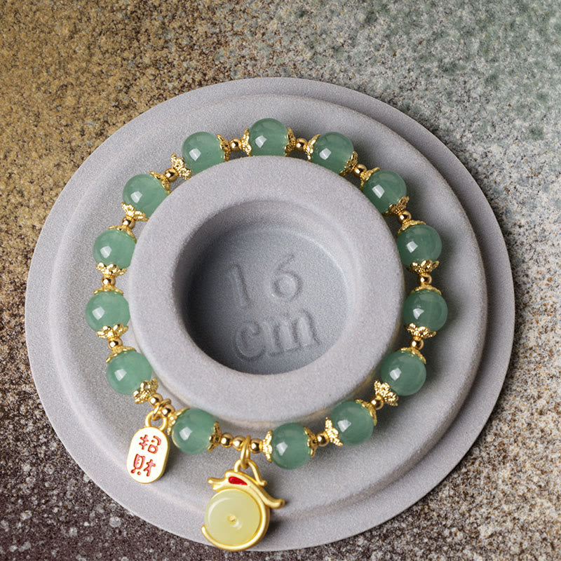 Red Agate Aventurine Dragon Bracelet – Green beads on sizing stand showing 16cm fit, Adjustable
