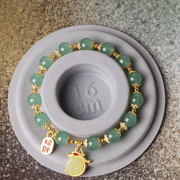 Red Agate Aventurine Dragon Bracelet – Green beads on sizing stand showing 16cm fit, Adjustable