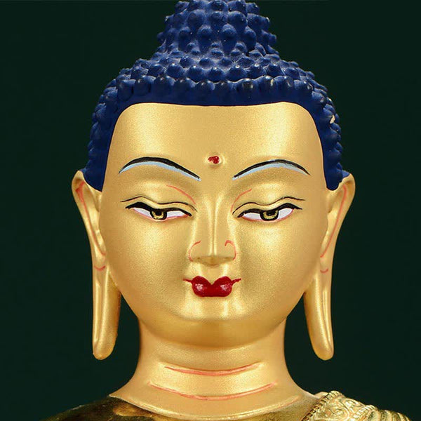 Shakyamuni Enlightenment Copper Statue – bookshelf display with succulent, modern spiritual home accent