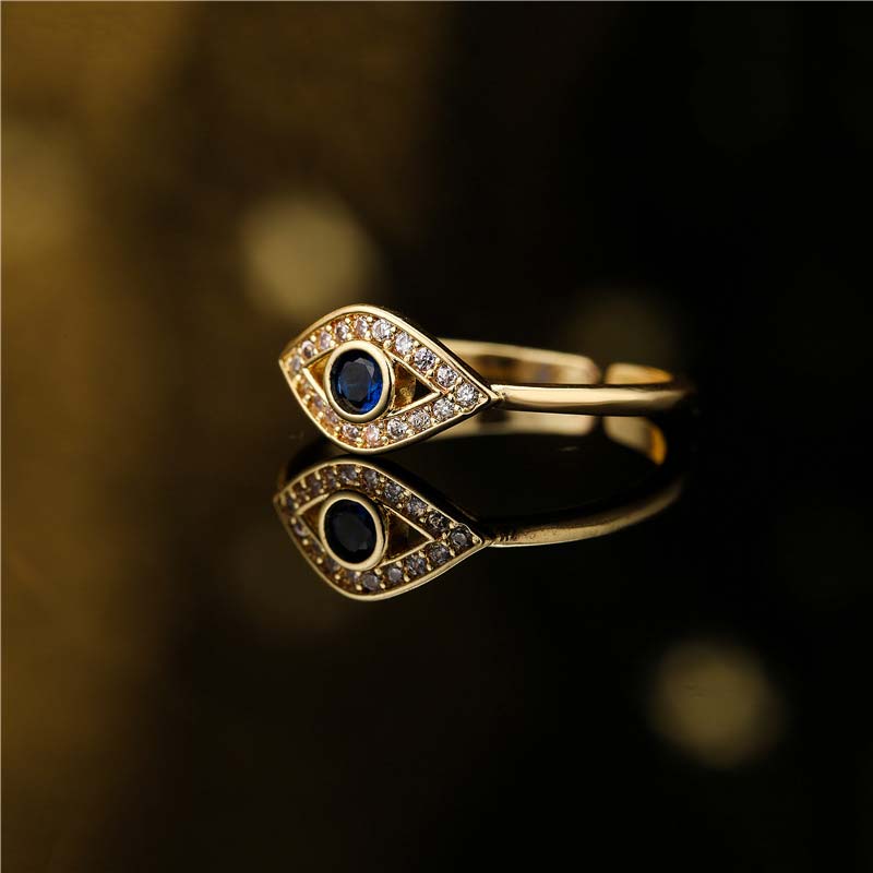 Evil Eye Copper Ring – Gold evil eye adjustable ring with blue stone, crystal pave, open cuff design