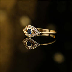 Evil Eye Copper Ring – Gold evil eye adjustable ring with blue stone, crystal pave, open cuff design
