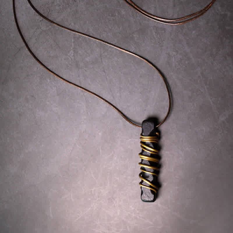 Ebony Wood Pendant Necklace – Hand wrapped dark crystal on brown cord, zen healing jewelry