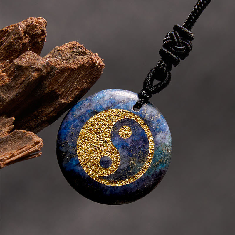 Yin Yang Crystal Necklace – Lapis lazuli round pendant with gold yin-yang inlay, deep blue stone with natural white and gold 