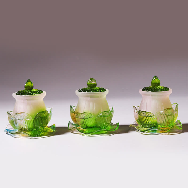 Feng Shui Lotus Liuli Crystal – three green gradient lotus jars in a row, blessing vessels