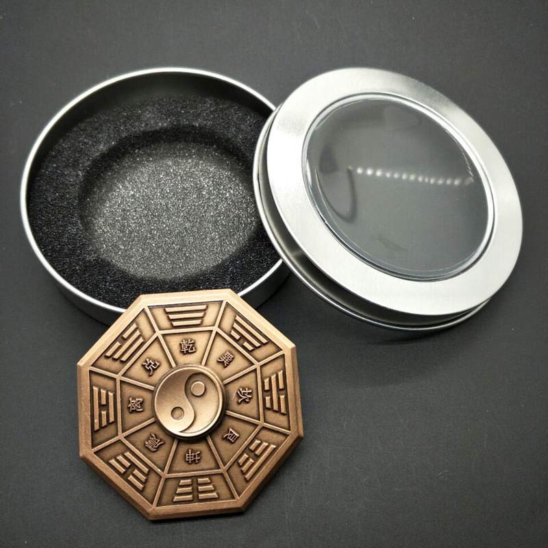 Bronze Bagua Spinner - yin-yang center with trigram engravings and gift tin packaging, Chinese feng shui toy
