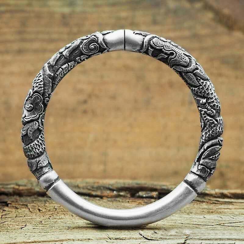 Dragon Auspicious Clouds Bangle – split cuff on aged wood planks, Vintage Oxidized