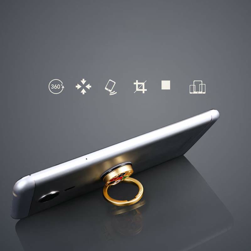 Om Mani Padme Hum Phone Ring Holder – Gold floral ring as phone kickstand with feature icons, phone stand