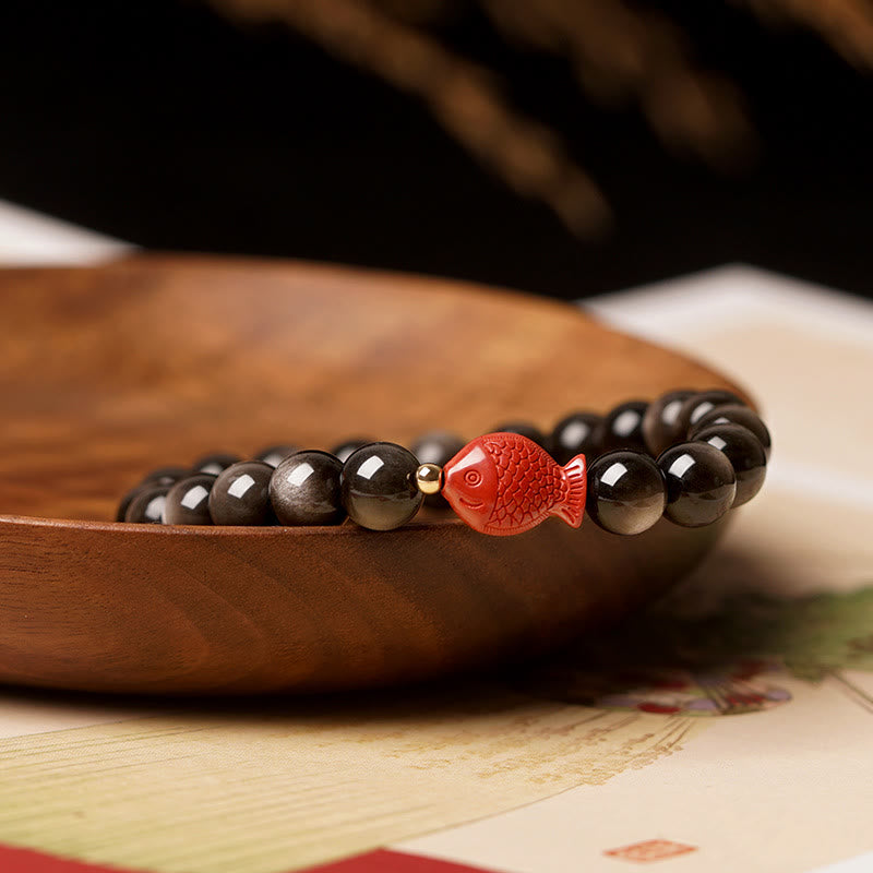 Silver Sheen Obsidian Koi Bracelet – clasp detail, cinnabar beads, silver sheen obsidian protection