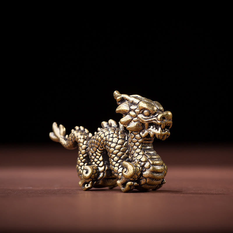 Auspicious Brass Dragon Decoration - Close-up dragon face on warm wood surface, shallow depth of field, feng shui
