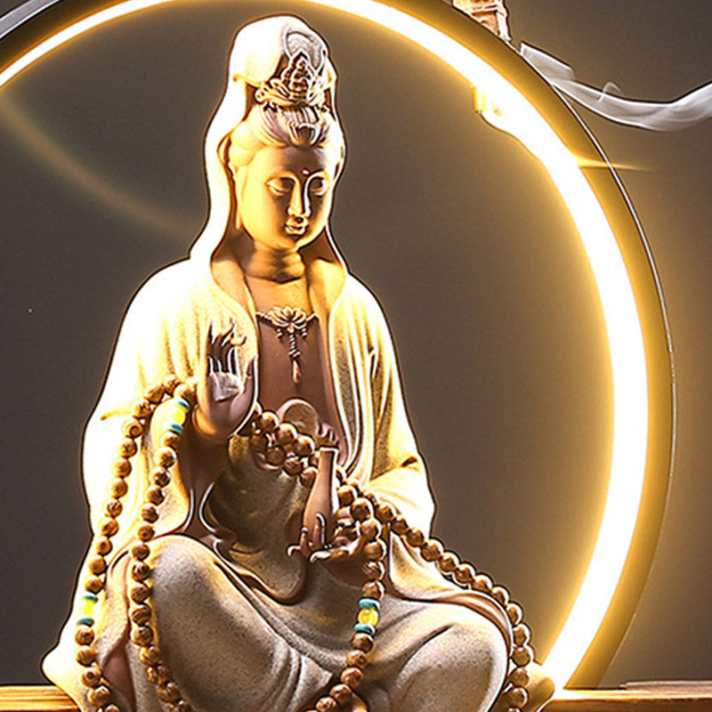 Buddha Avalokitesvara Ceramic Lotus Relaxation Incense Burner – Serene Guanyin on lotus pedestal, mindfulness incense decor