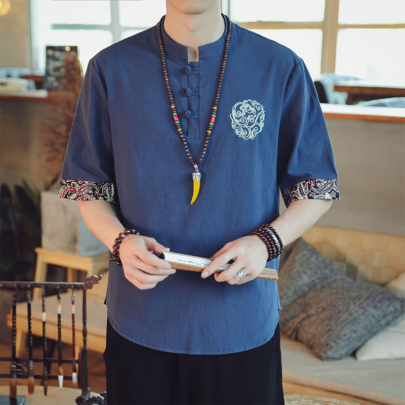 Dragon Embroidery Frog-Button Linen Tang Suit Shirt - Navy blue shirt with frog buttons, sophisticated
