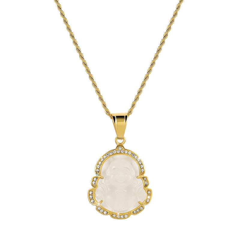 18K Gold Filled Laughing Buddha Jade Necklace – Layered with shorter choker, trendy necklace stacking