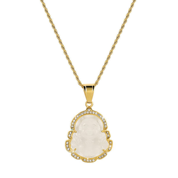18K Gold Filled Laughing Buddha Jade Necklace – Layered with shorter choker, trendy necklace stacking