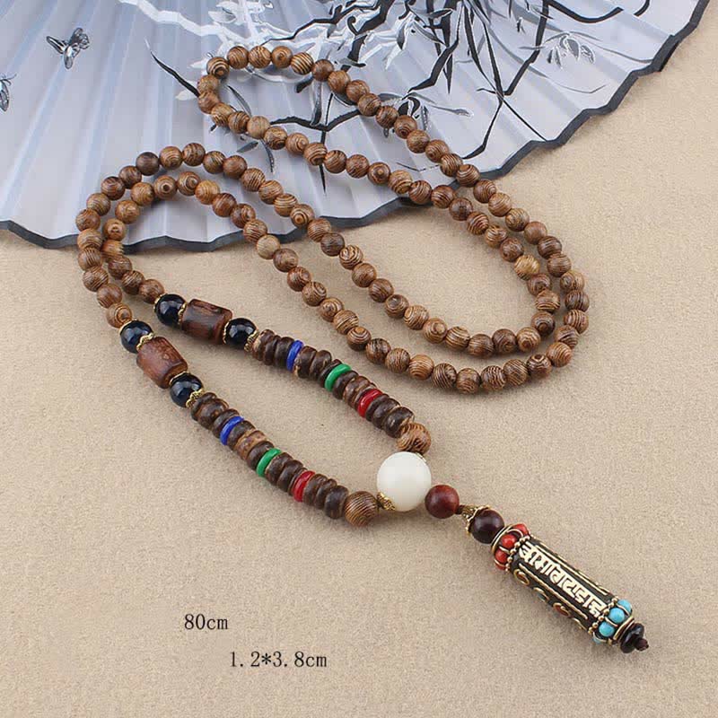 Wenge Wood Dzi Bead Mantra Necklace - Wood bead mala with bronze pendant, 80cm prayer bead necklace