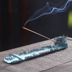 Dragon Alloy Incense Burner - Verdigris dragon with rising smoke on wood, mindful