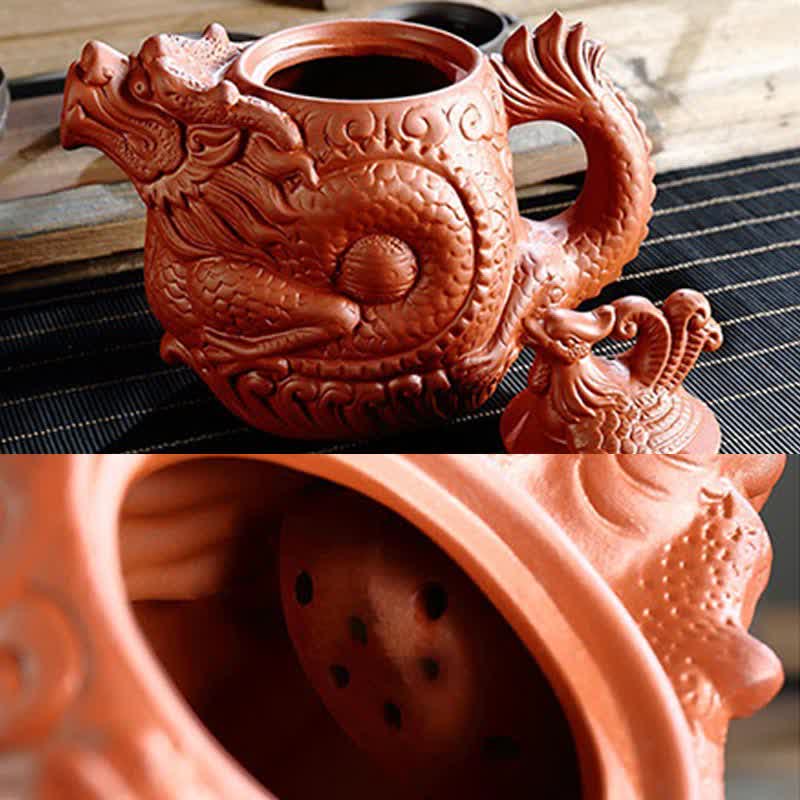 Vintage Dragon Phoenix Purple Clay Teapot – full view and built-in clay strainer detail, terracotta with maker craftmanship