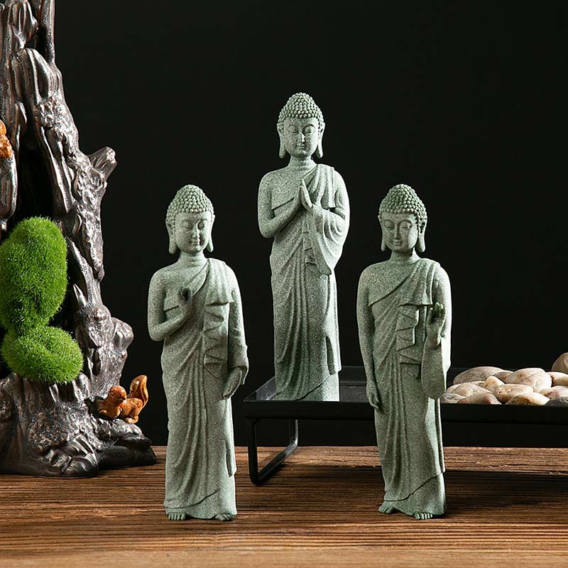 Green Sandstone Buddha Statue – Three standing Buddhas in zen garden with rockery moss