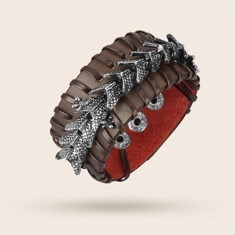 Dragon Leather Weave Protection Bracelet – sculpted dragon on layered brown leather with eyelet closure, fierce