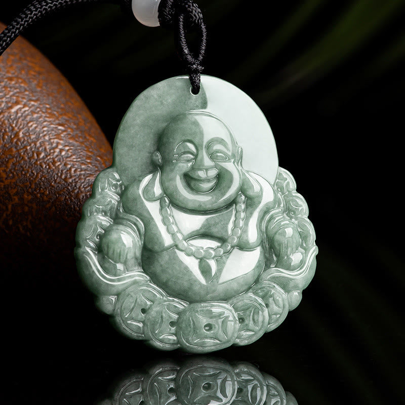 Laughing Buddha Natural Jade Abundance Necklace – Hand carved natural jade laughing Buddha with full belly, prosperity charm