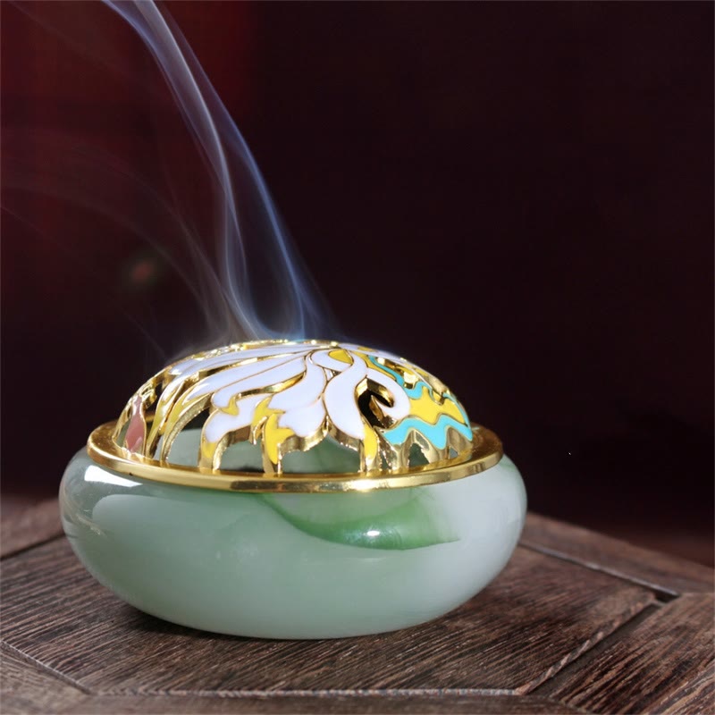Green Nine-Tailed Fox Incense Burner - Celadon base with gold enamel lid and rising smoke, liuli censer