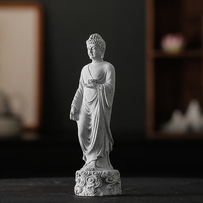 Sandstone Buddha Meditation – rough stone texture peaceful face, auspicious clouds home art