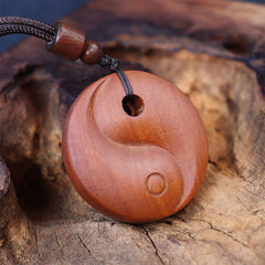 Lightning Struck Jujube Wood Yin Yang Luck Protection Necklace Pendant - Wood yin-yang amulet with grain and cord, feng shui 