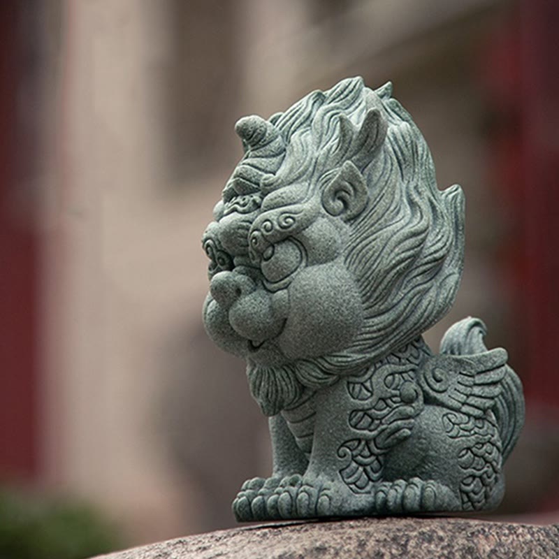 PiXiu Sandstone Statue – Side view on stone ledge, warm bokeh background, ornamental feng shui