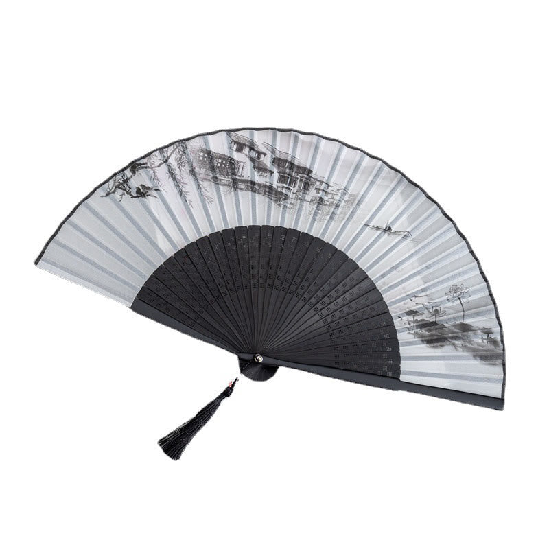 Bird on Branch Fan – Black folding fan with ink wash birds perched on plum blossom branches, silk fan
