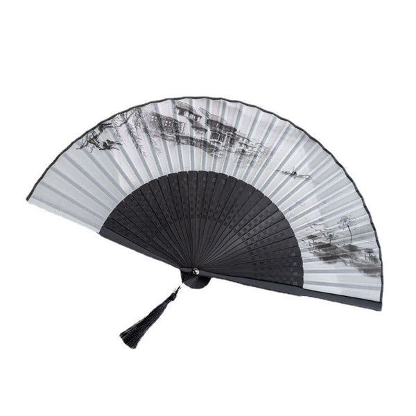 Bird on Branch Fan – Black folding fan with ink wash birds perched on plum blossom branches, silk fan