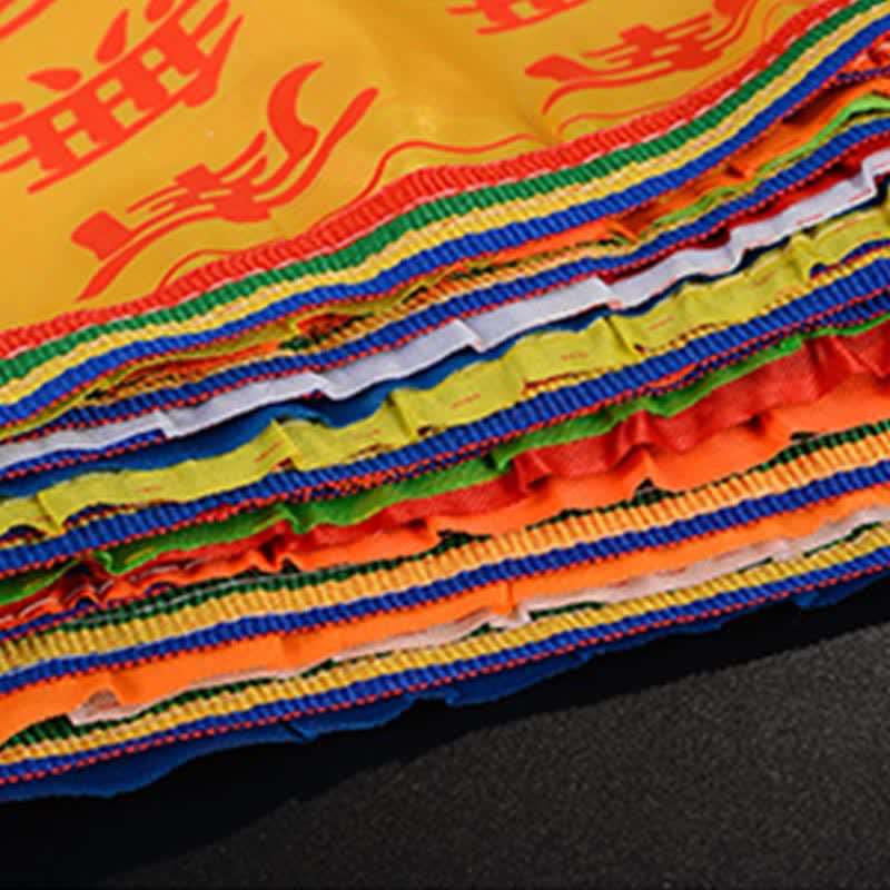 Tibetan Windhorse Lotus Prayer Flag Set - close-up rainbow edge stitching, layered flags