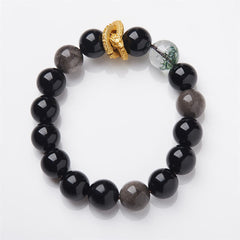 Silver Sheen Obsidian Dragon Bracelet – Overhead view with gray accent beads, moss inclusion and gold dragon, grounding