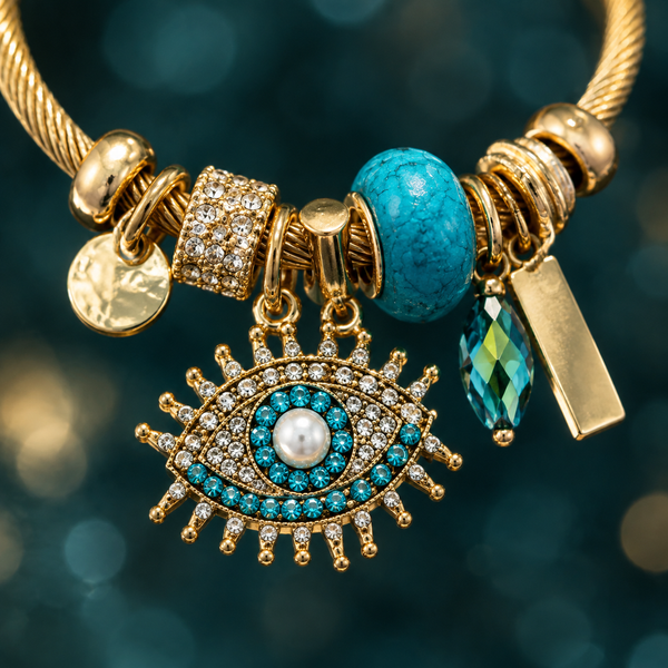 Gold Plated Stainless Steel Evil Eye Open Cuff Bracelet - evil eye charm detail
