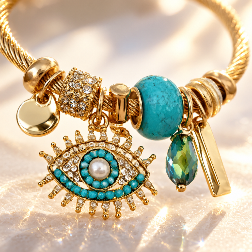 Gold Plated Stainless Steel Evil Eye Open Cuff Bracelet - bead and cable detail