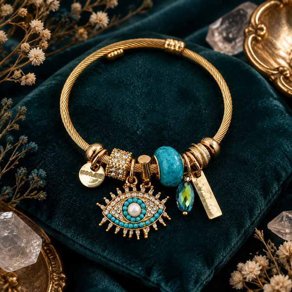 Gold Plated Stainless Steel Evil Eye Open Cuff Bracelet - styled lifestyle